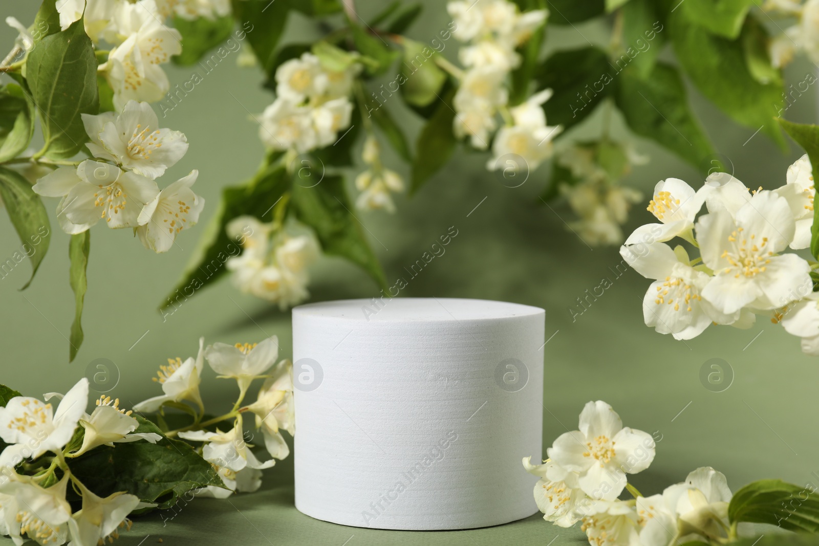 Photo of Presentation of product. White podium among beautiful jasmine flowers on pale green background, space for text