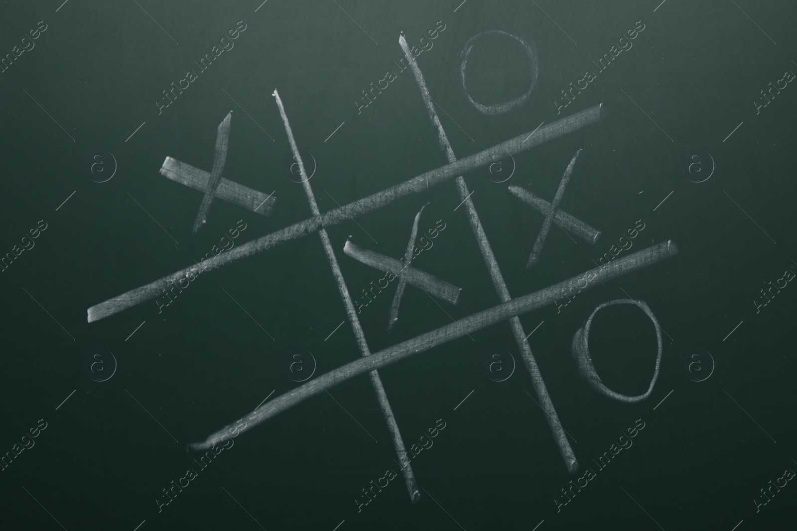 Photo of Tic tac toe game on green chalkboard, top view