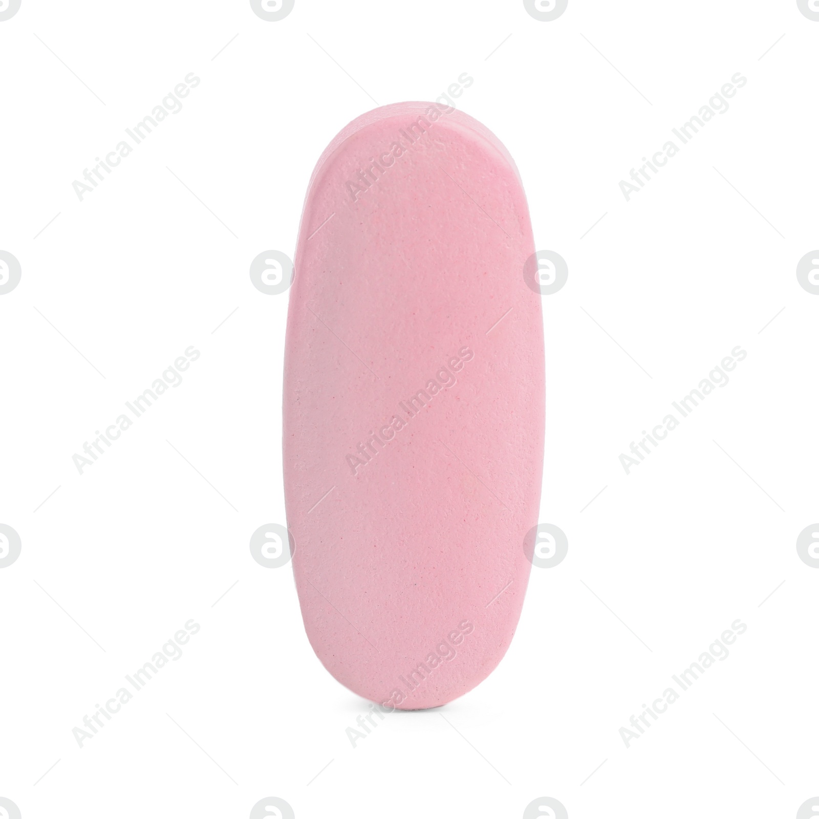 Photo of One pink pill on white background. Medicinal treatment