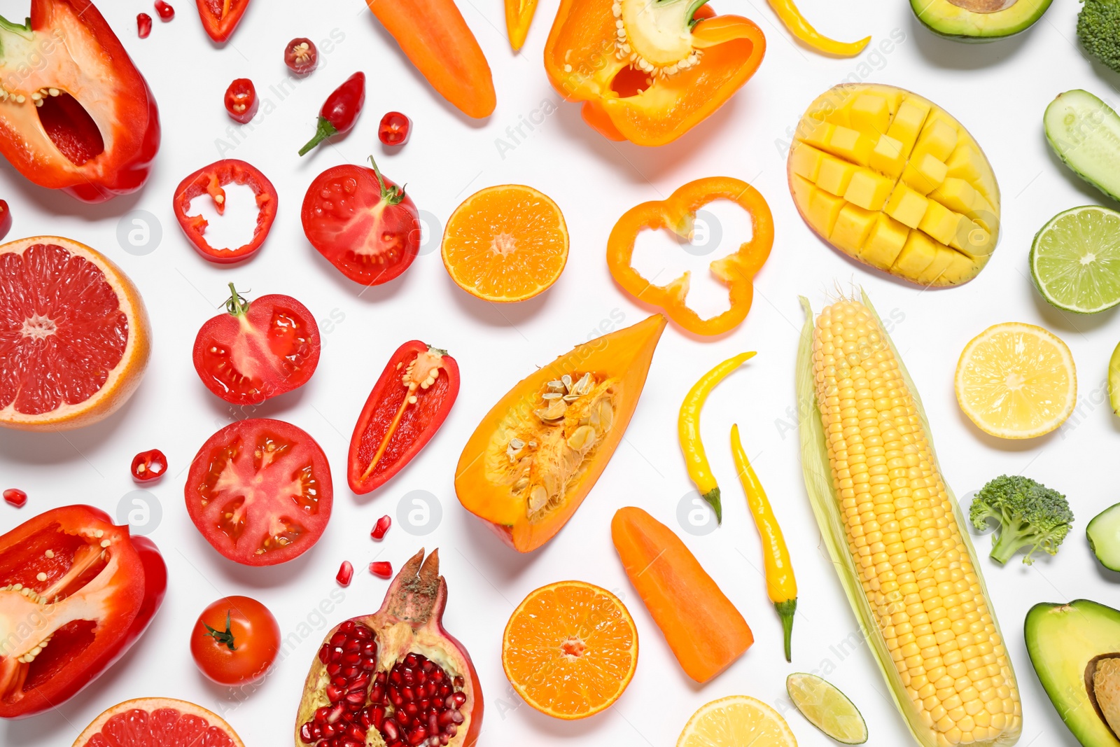 Photo of Composition with fresh organic fruits and vegetables on white background, top view