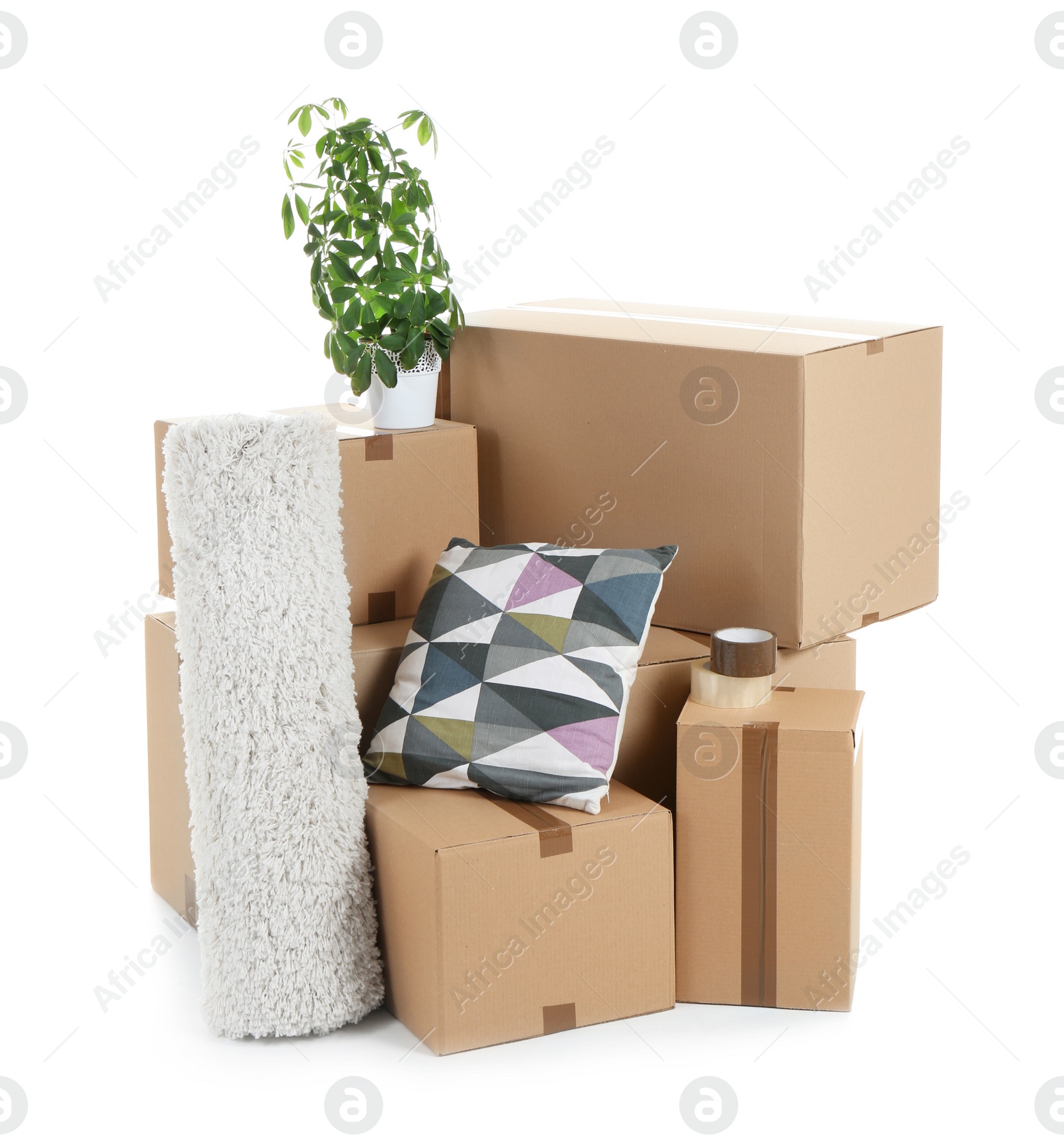 Photo of Cardboard boxes and household stuff on white background. Moving day