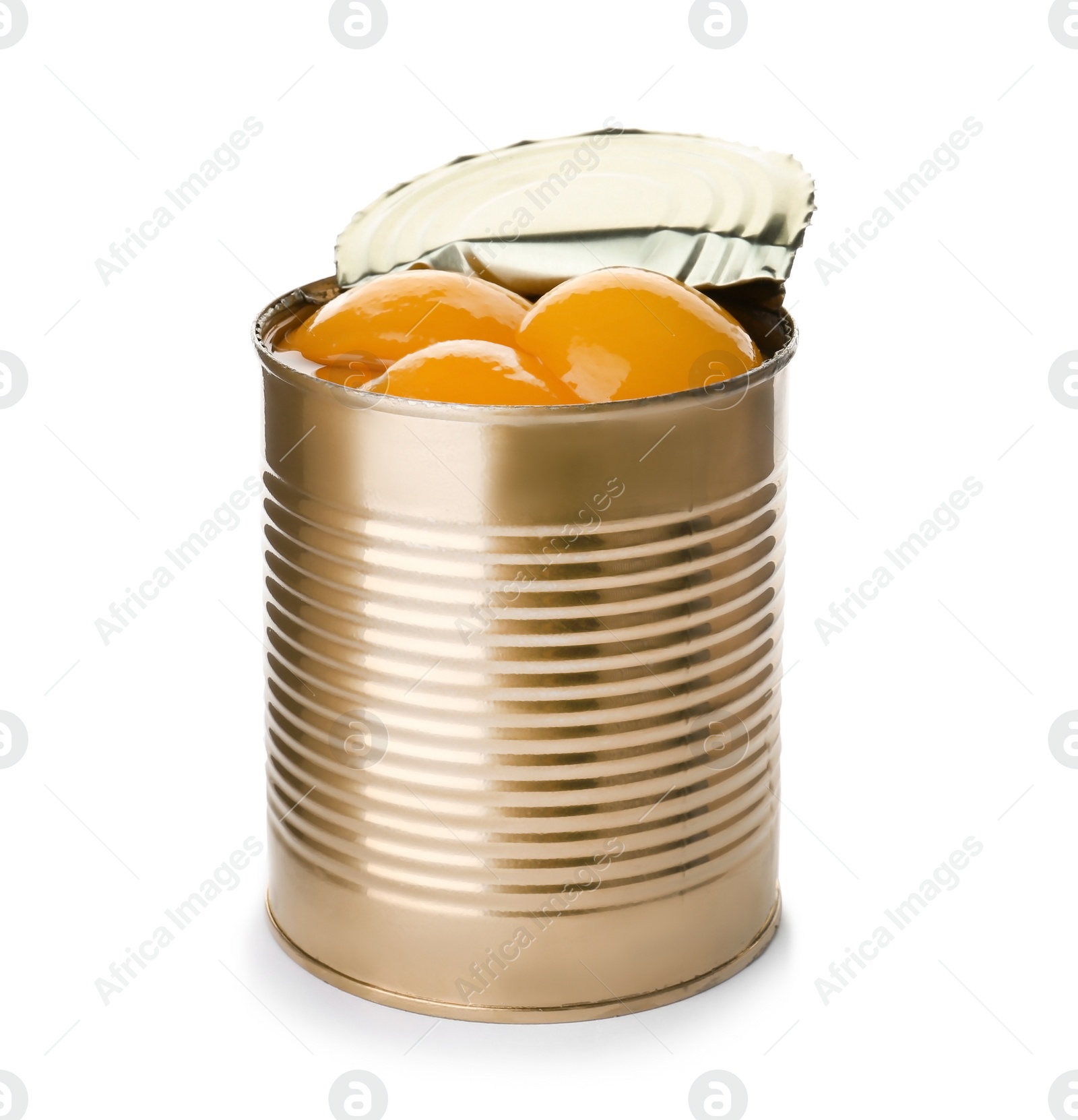 Photo of Tin can with conserved peaches on white background