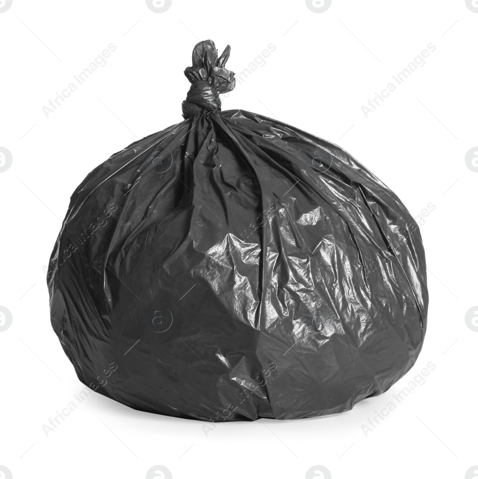 Photo of Black trash bag full of garbage isolated on white