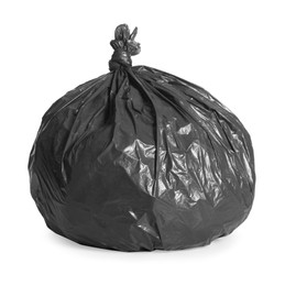 Photo of Black trash bag full of garbage isolated on white