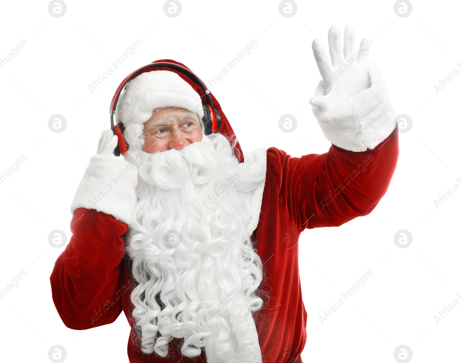 Photo of Santa Claus listening to Christmas music on white background