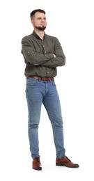 Photo of Man in shirt and jeans on white background