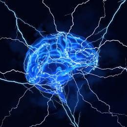 Illustration of  human brain with lightning strikes on dark background