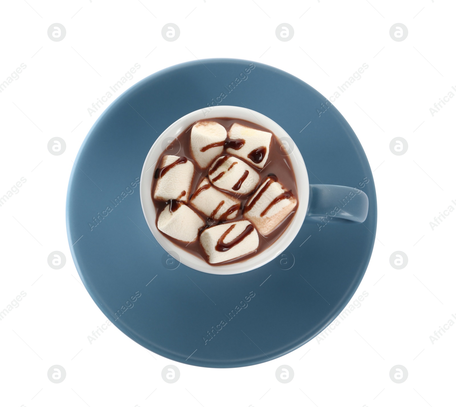 Photo of Cup of delicious hot chocolate with marshmallows isolated on white, top view