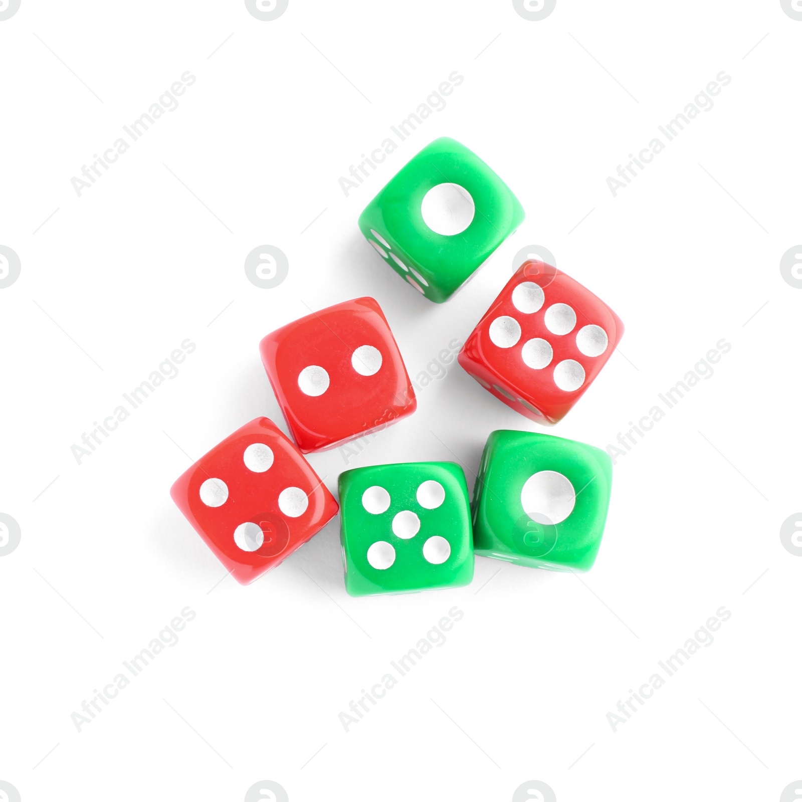 Photo of Many green and red game dices isolated on white, top view