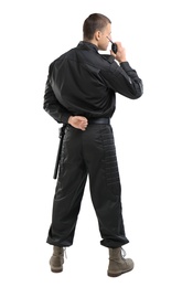 Photo of Male security guard using portable radio transmitter on color background