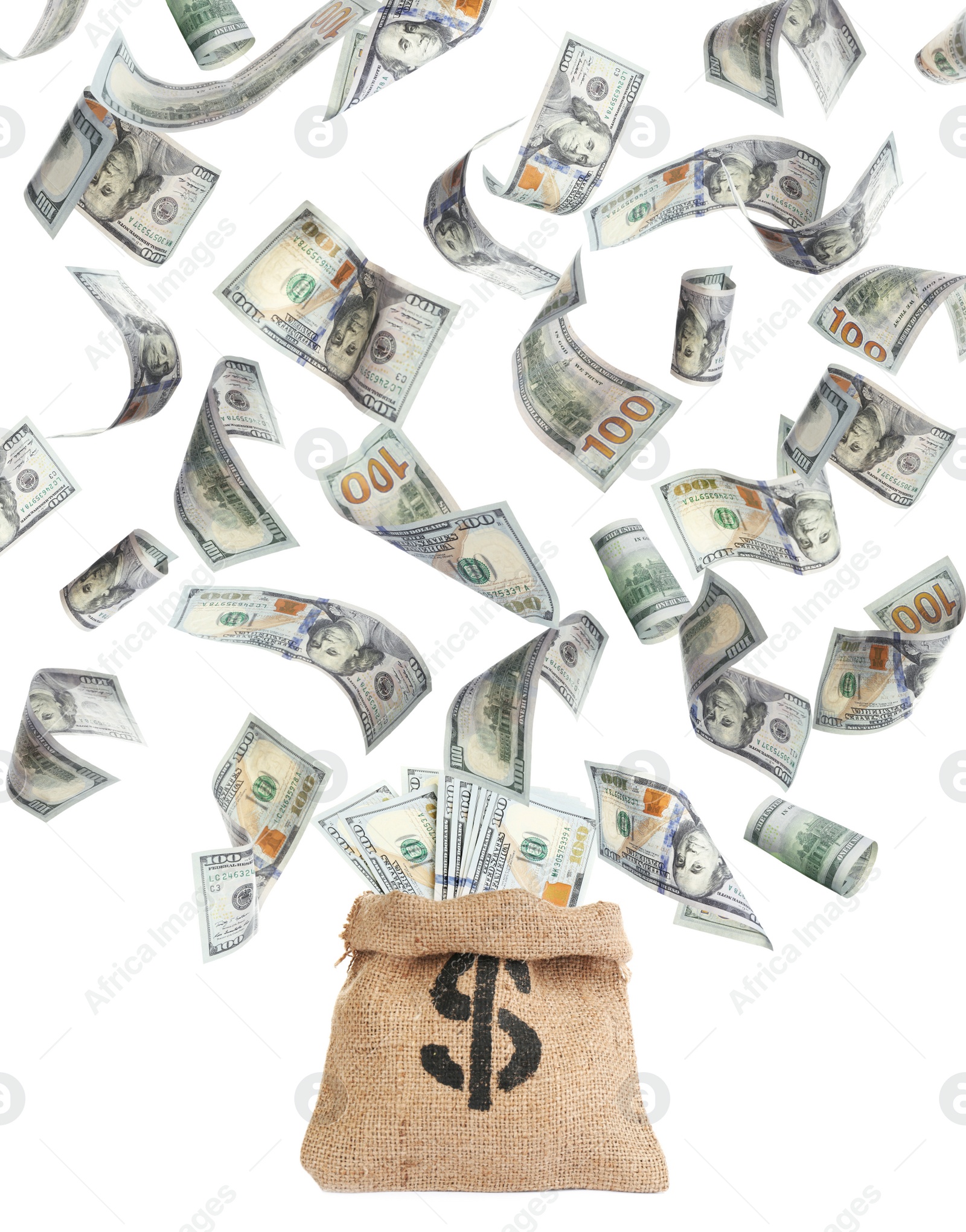 Image of Sack and American dollars on white background. Flying money