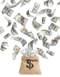 Image of Sack and American dollars on white background. Flying money