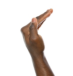 African-American man showing COME HERE gesture on white background, closeup