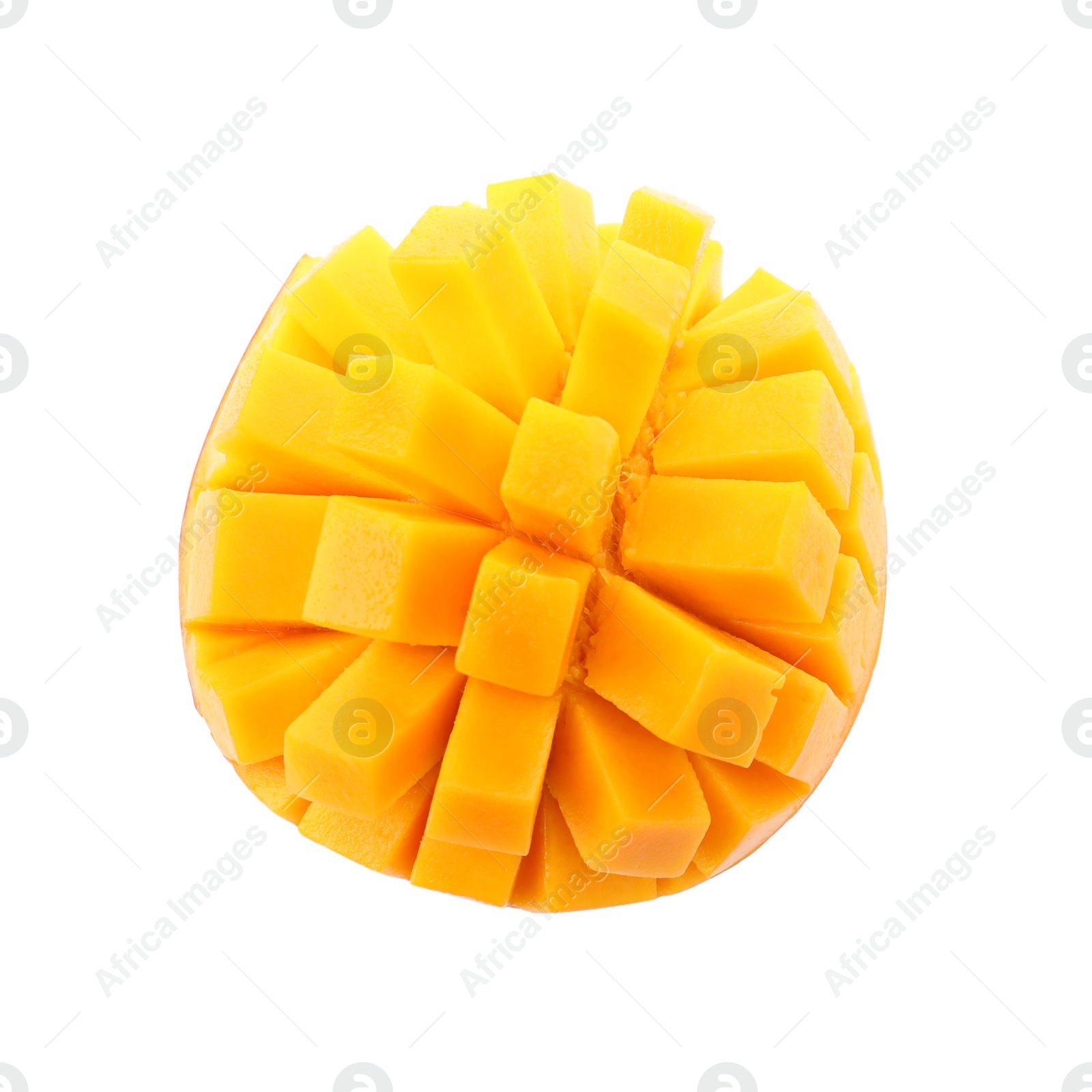 Photo of Cut ripe mango isolated on white, top view. Exotic fruit