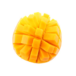 Photo of Cut ripe mango isolated on white, top view. Exotic fruit