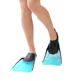 Woman wearing blue flippers on white background, closeup