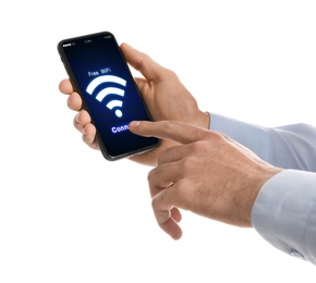 Image of Man connecting to WiFi using mobile phone on white background, closeup