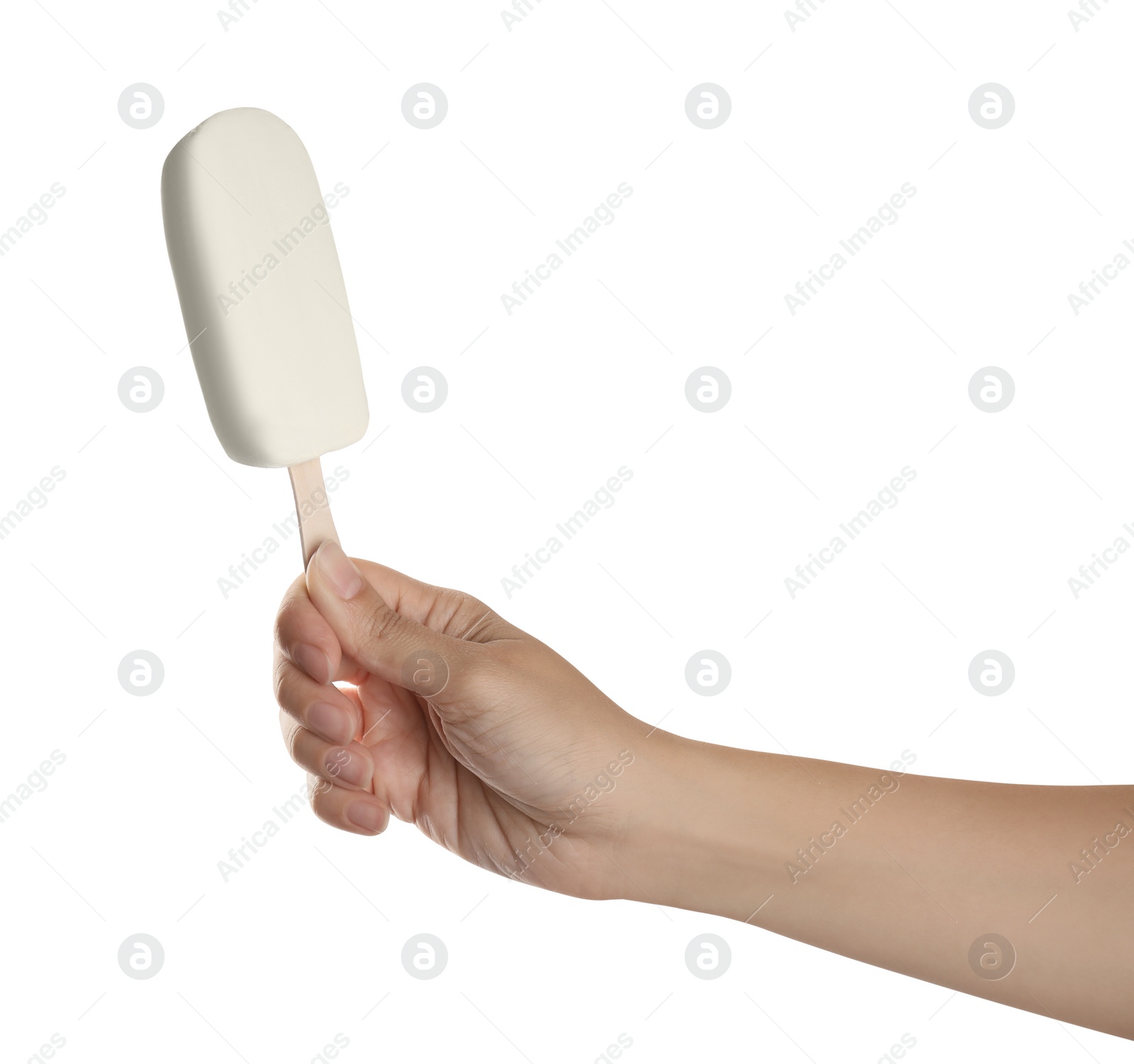 Photo of Woman holding ice cream with glaze on white background, closeup