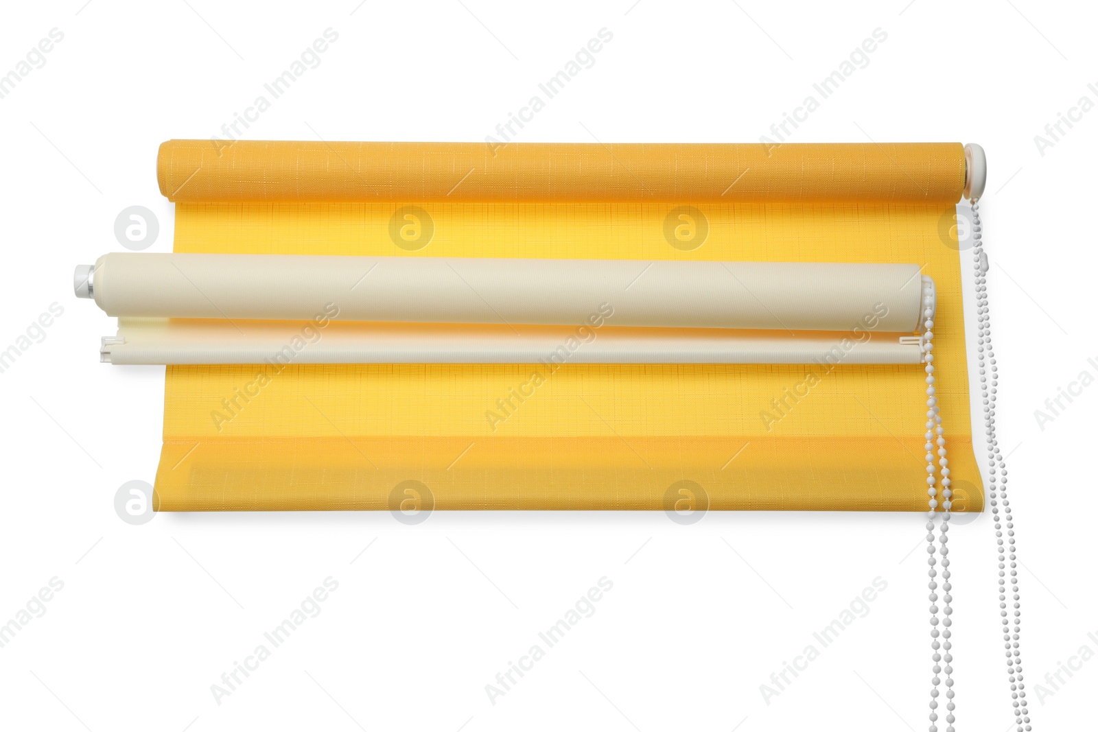 Photo of Stylish roller window blinds on white background, top view