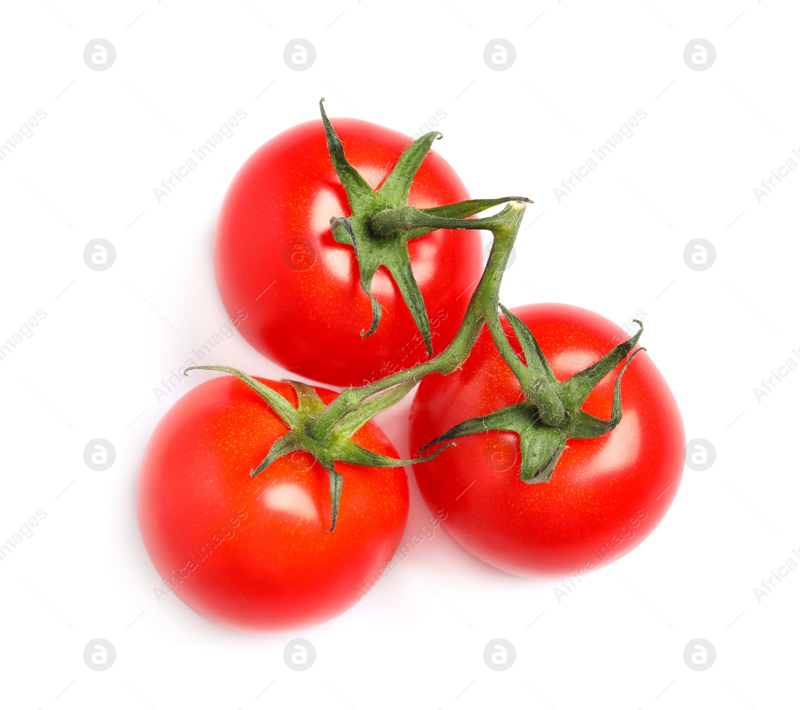 Photo of Branch of fresh cherry tomatoes isolated on white