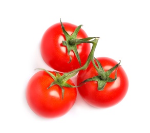 Photo of Branch of fresh cherry tomatoes isolated on white