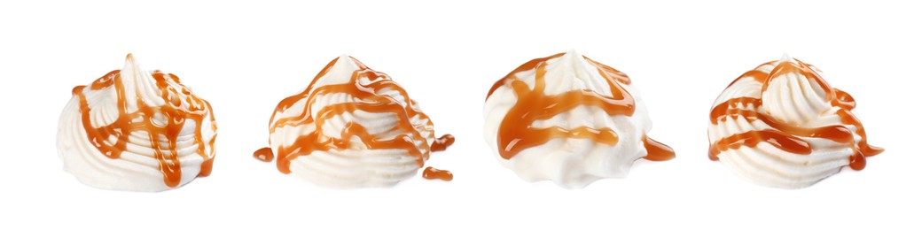 Image of Set of delicious fresh whipped cream with caramel syrup on white background. Banner design
