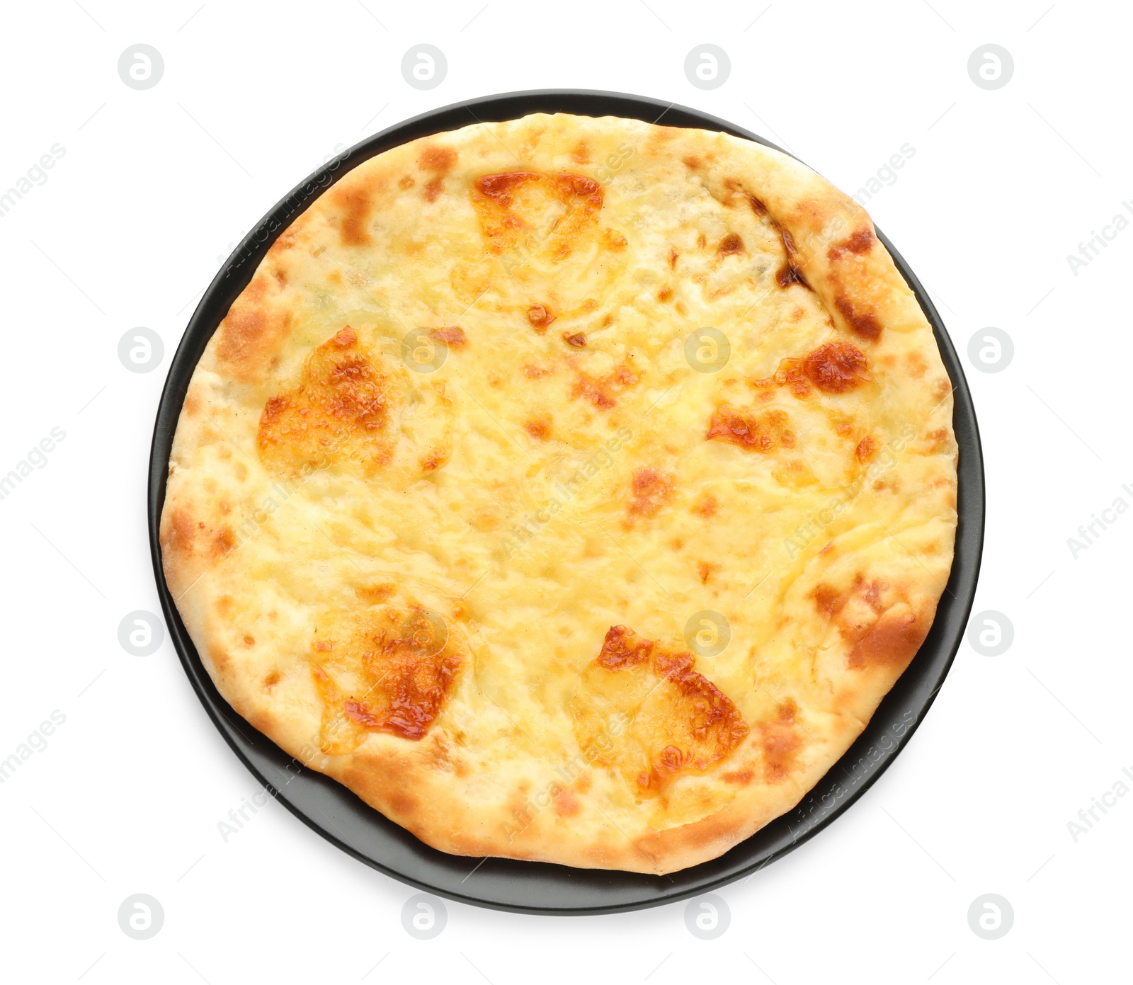 Photo of Delicious khachapuri with cheese on white background, top view