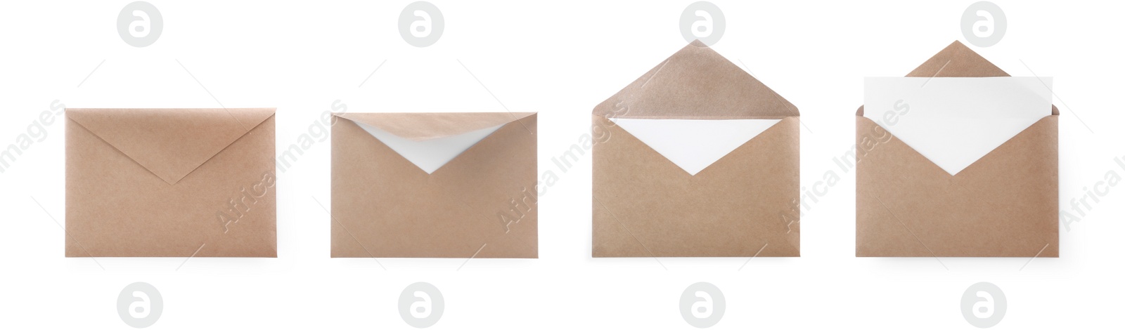 Image of Set with kraft paper envelopes on white background. Banner design