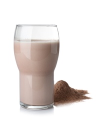 Photo of Protein shake in glass and powder isolated on white