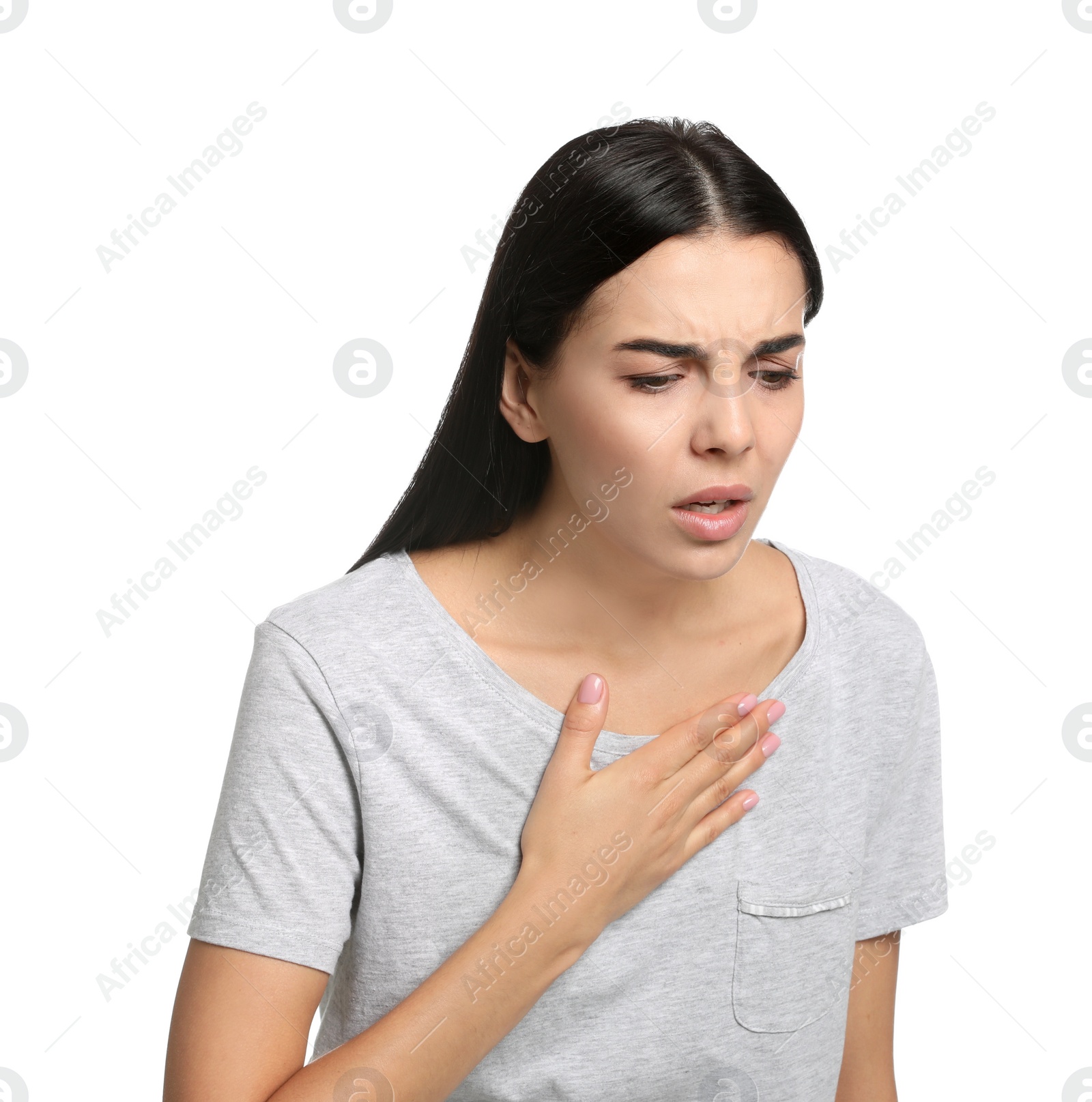 Photo of Young woman suffering from breathing problem on white background