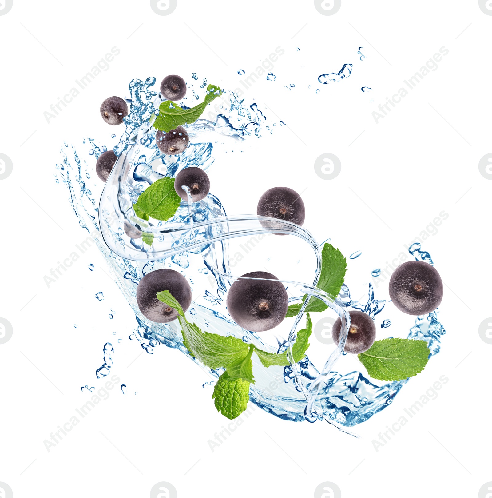 Image of Water splash with acai berries and mint leaves on white background