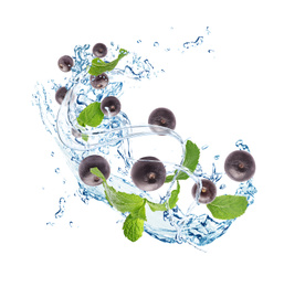 Image of Water splash with acai berries and mint leaves on white background