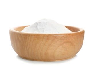 Wooden bowl with baking soda on white background