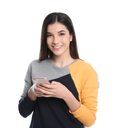 Beautiful young woman with mobile phone on white background