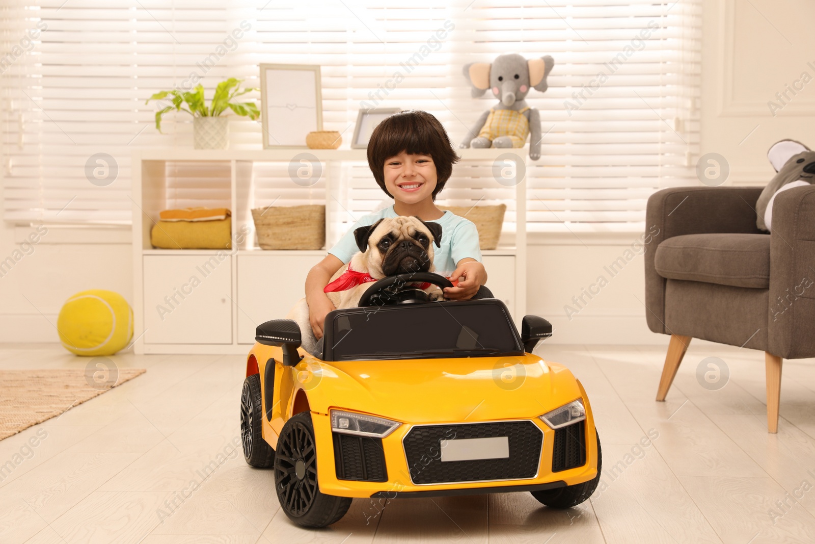 Photo of Little boy with his dog in toy car at home