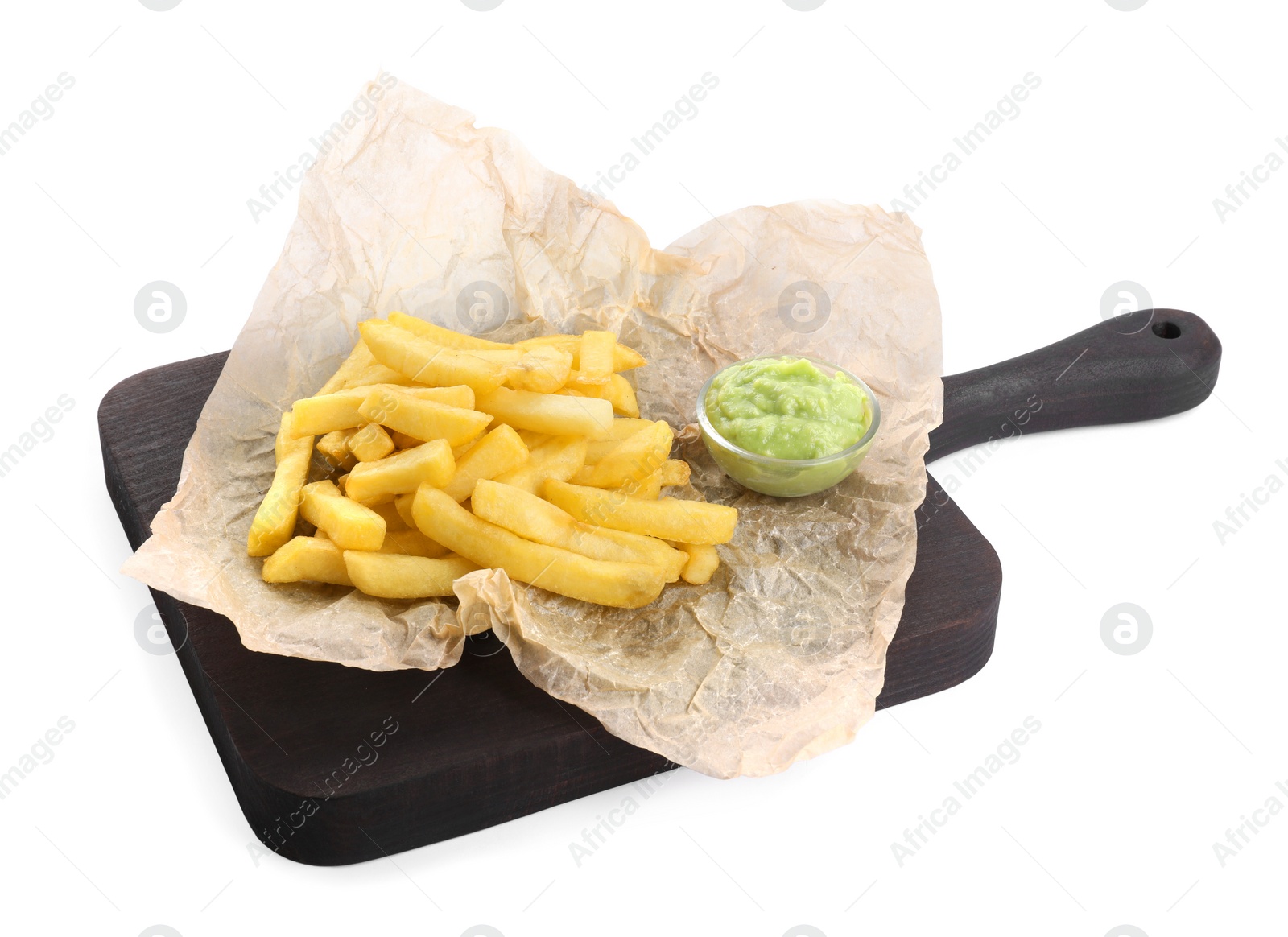 Photo of Serving board with delicious french fries and avocado dip isolated on white