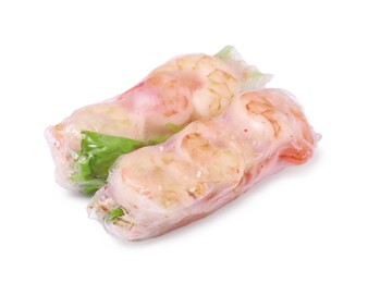Photo of Tasty spring rolls with shrimps and lettuce wrapped in rice paper on white background