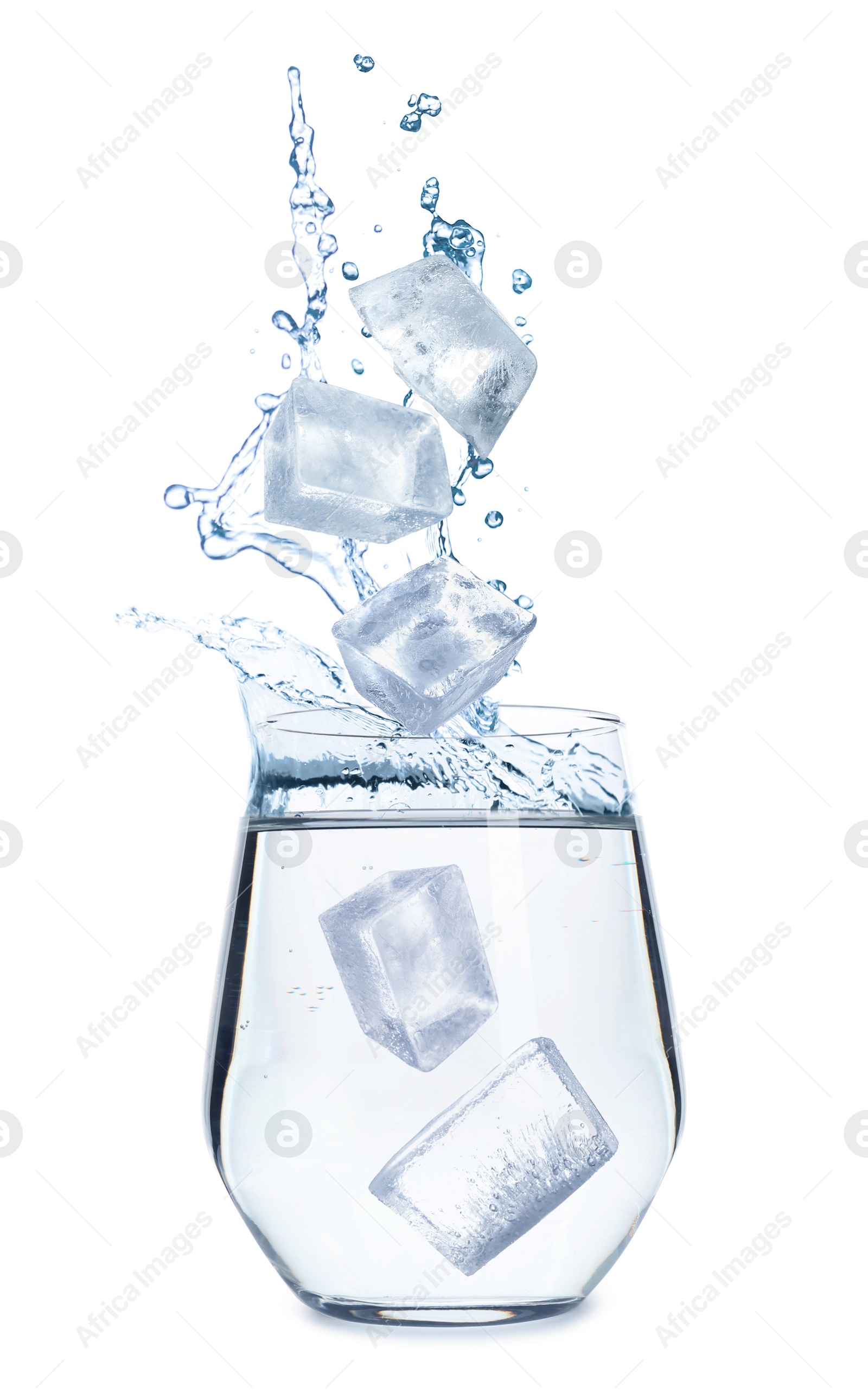 Image of Crystal ice cubes falling into water on white background. Refreshing drink