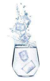 Crystal ice cubes falling into water on white background. Refreshing drink