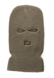 Beige knitted balaclava isolated on white, top view