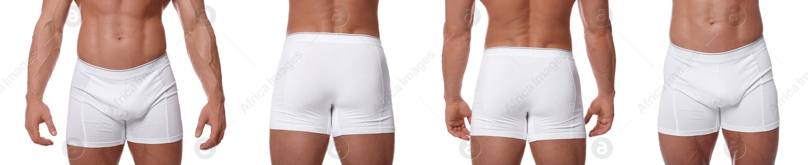 Image of Man in stylish underwear on white background, set of closeup photos