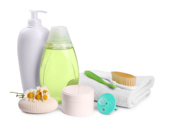Photo of Different skin care products for baby and accessories isolated on white