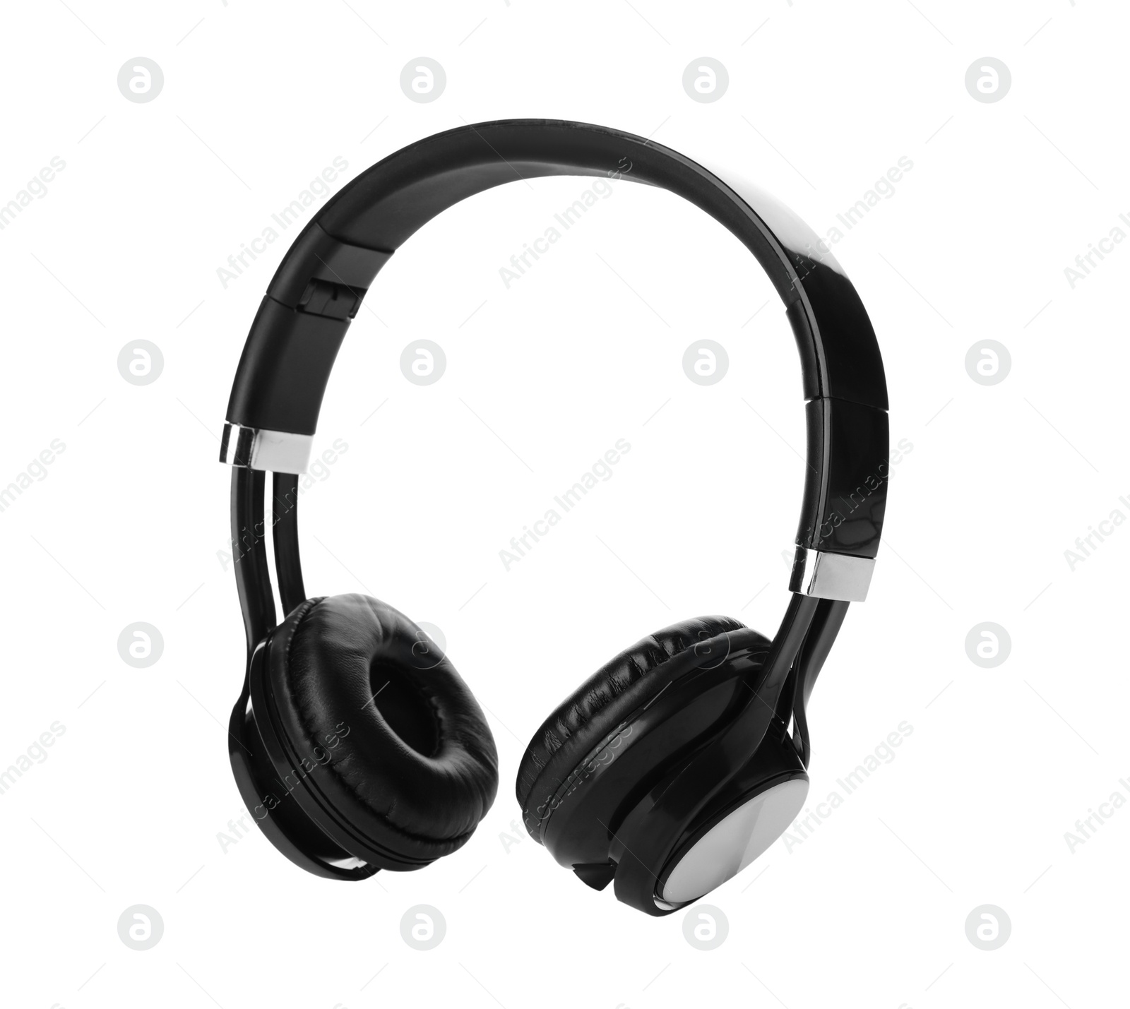 Photo of Stylish modern headphones with earmuffs on white background