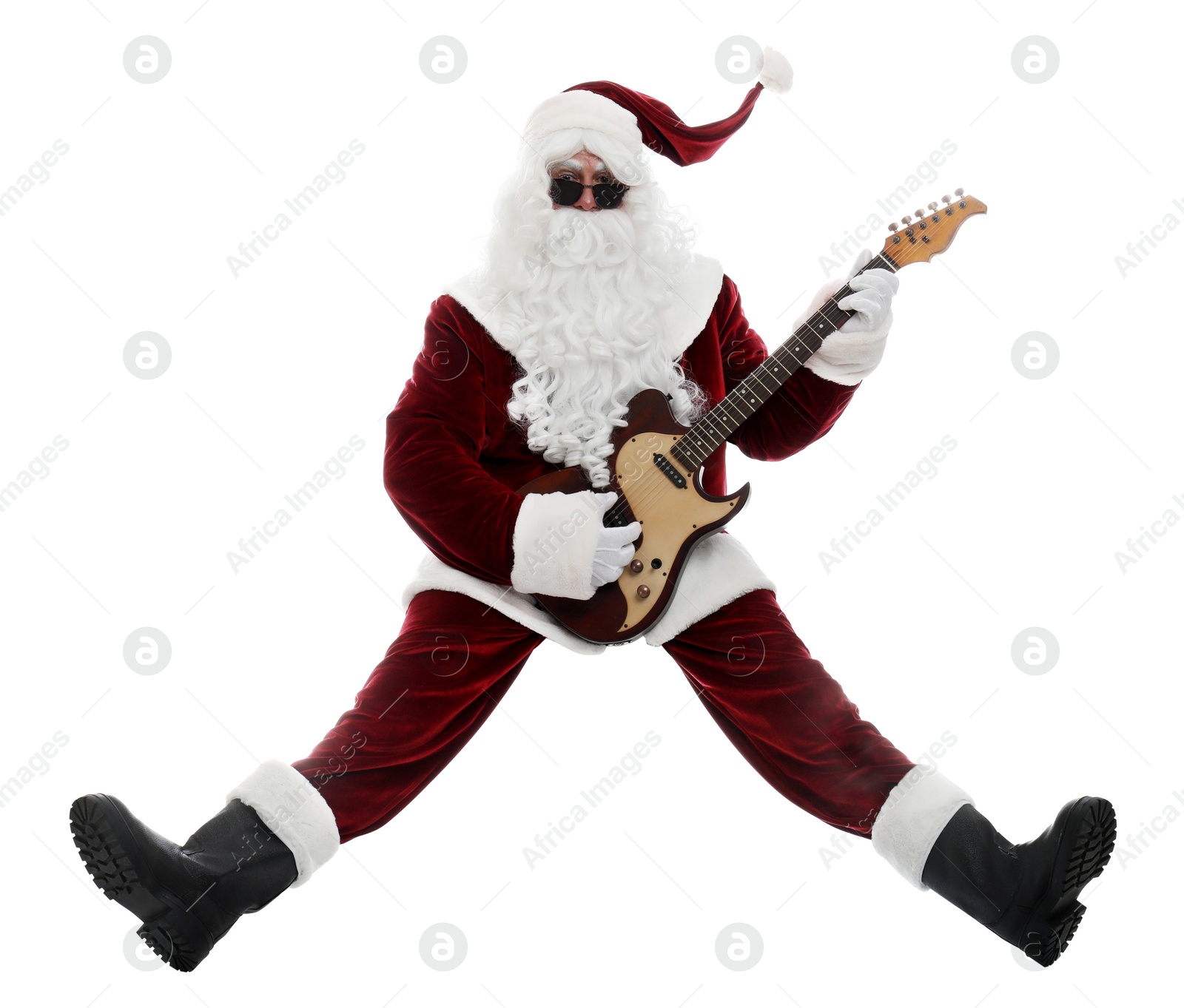 Photo of Santa Claus playing electric guitar on white background. Christmas music