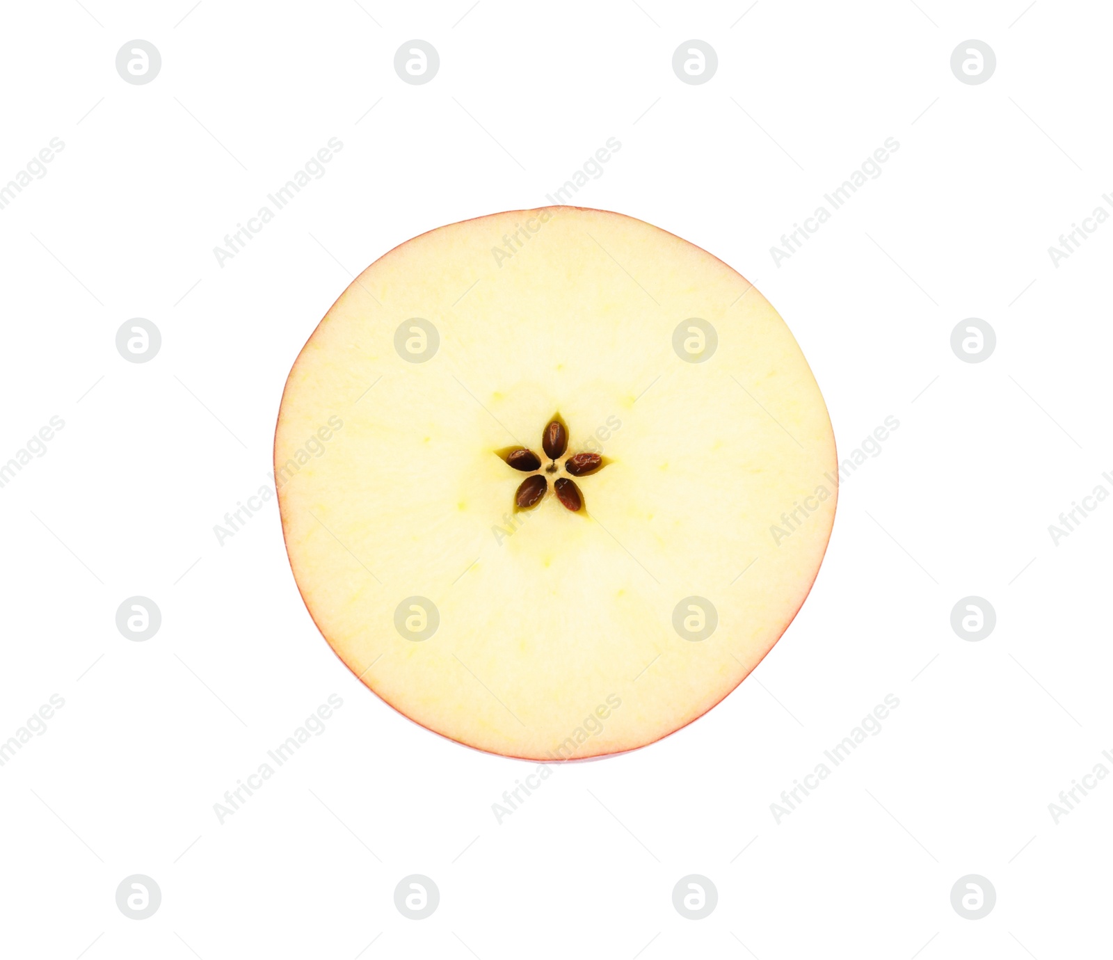 Photo of Half of ripe red apple on white background, top view