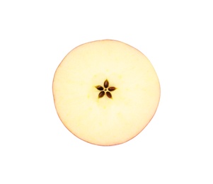 Half of ripe red apple on white background, top view