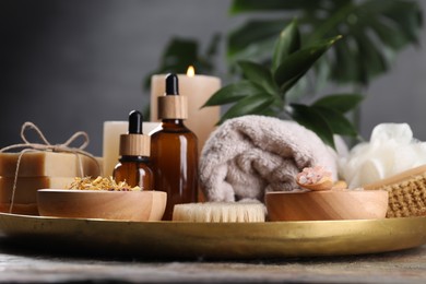 Photo of Spa composition. Brush, bottles and sea salt on table, closeup