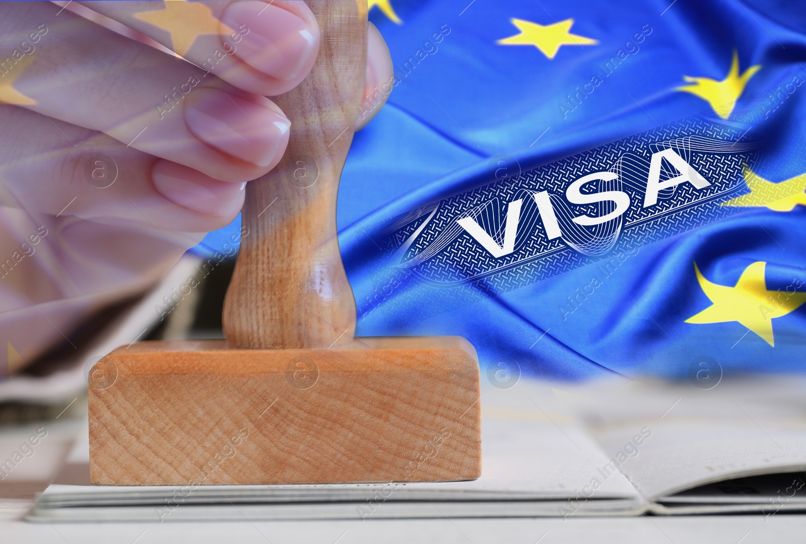 Image of Multiple exposure of woman stamping visa page in passport and flag of European Union, closeup