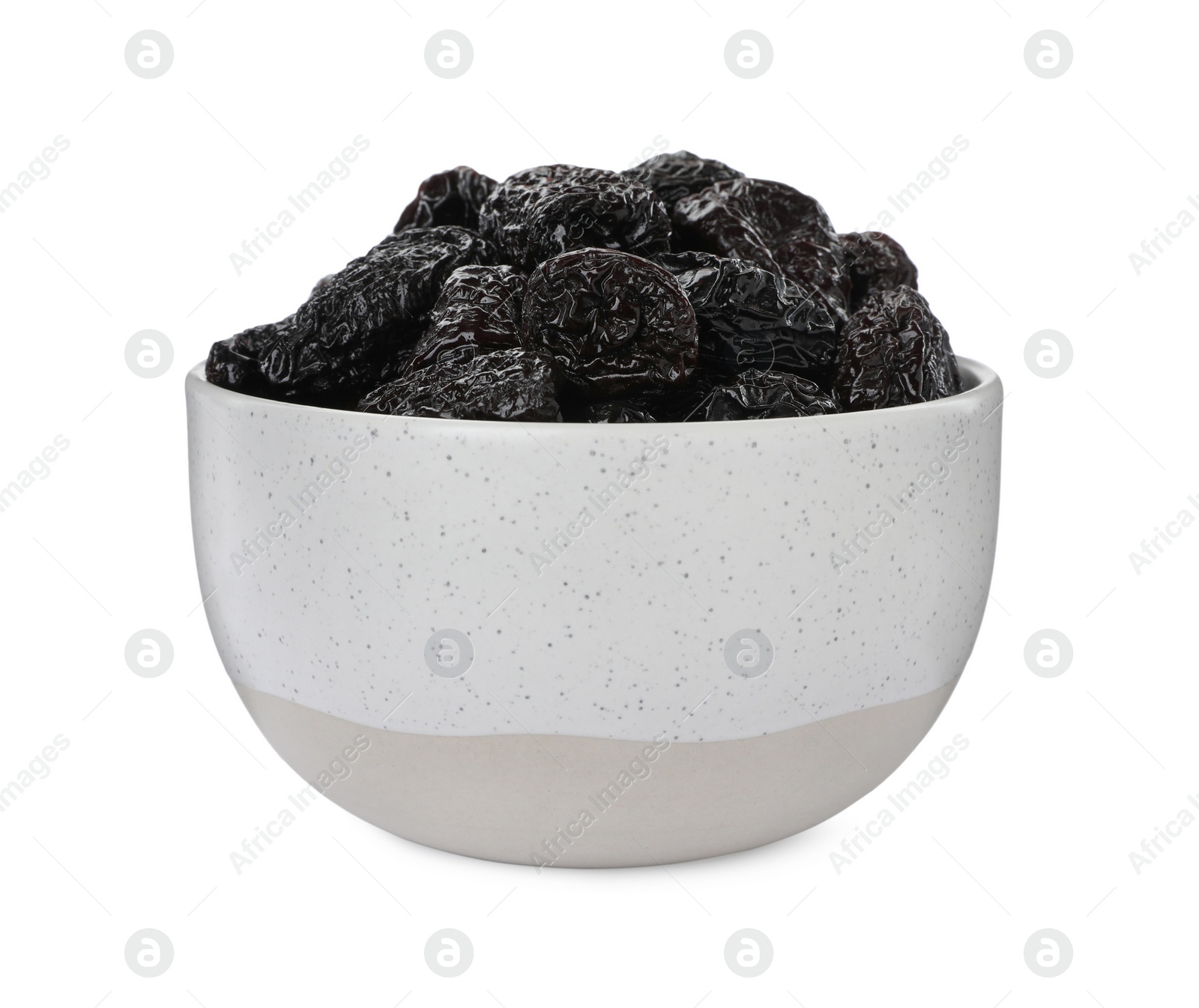 Photo of Bowl with sweet dried prunes isolated on white