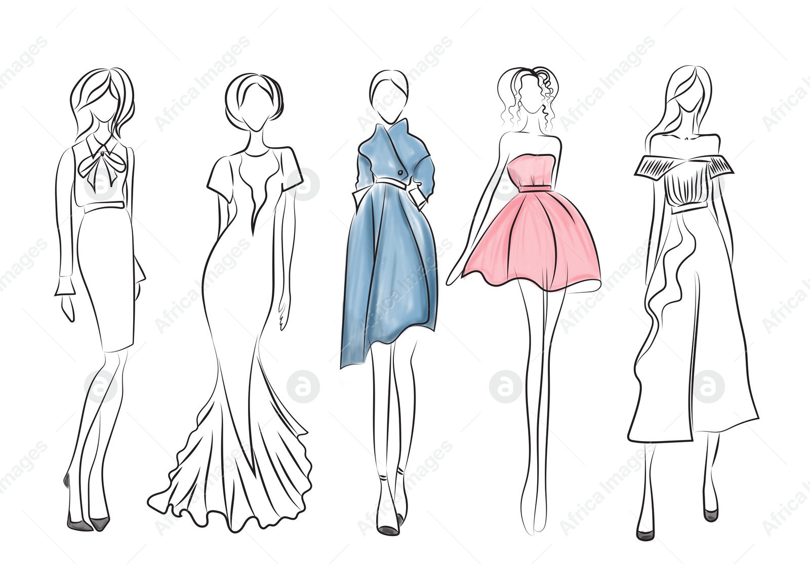 Illustration of Fashion sketch. Models wearing stylish clothes on white background, illustration